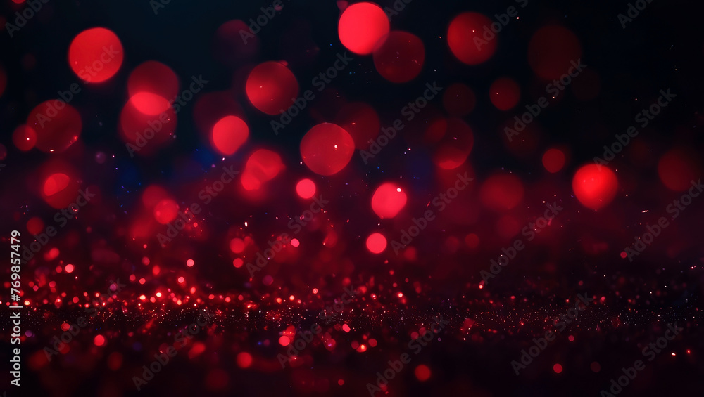 Golden and red light shine particles bokeh on navy black background. 