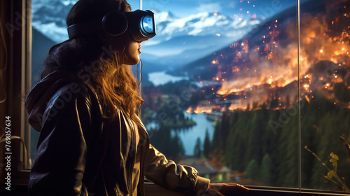 Virtual Travel Exploration: A young woman using VR to explore virtual landscapes and worlds. #769857634
