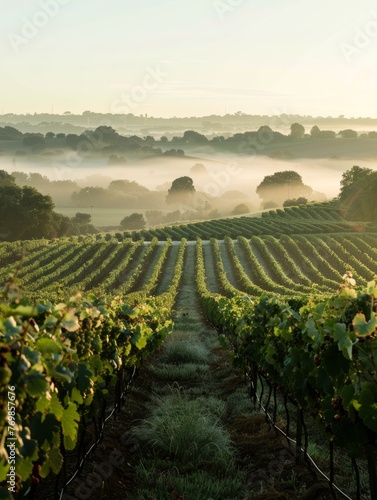 Sunlight filters through the morning mist in a vineyard  illuminating the green vines and ripening grape clusters.