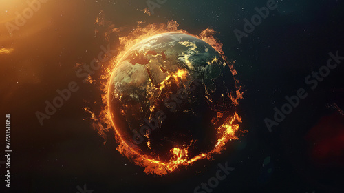 Global warming impact on our planet. Planet Earth is on fire isolated on a dark background. Save Planet Earth and Earth Day concept, 
