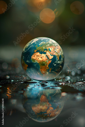A glass ball with the world on it, representing travel, exploration, and environmental awareness.