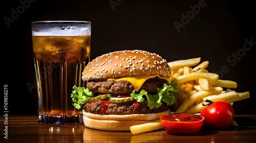 Unhealthy Junk Food Burger,Fries,and Sugary Drink - Indulgent Fast Food Meal with Health Concerns