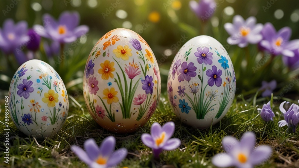 Easter eggs lying on a green meadow with flowers Easter eggs lying on a green meadow with flowers