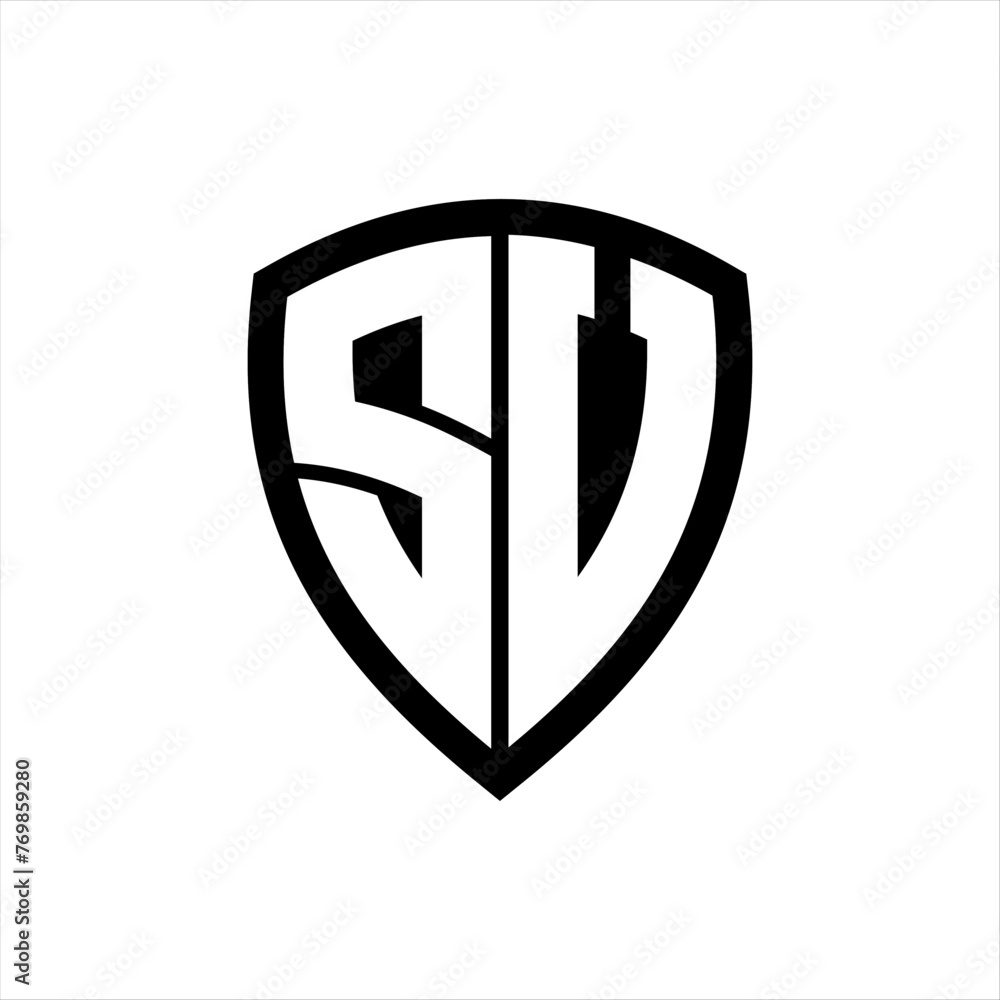 SV monogram logo with bold letters shield shape with black and white color design SV monogram logo with bold letters shield shape with black and white color design