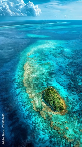 This striking image highlights a lush tropical island surrounded by a vibrant coral atoll, with the azure waters of the ocean stretching into the horizon.