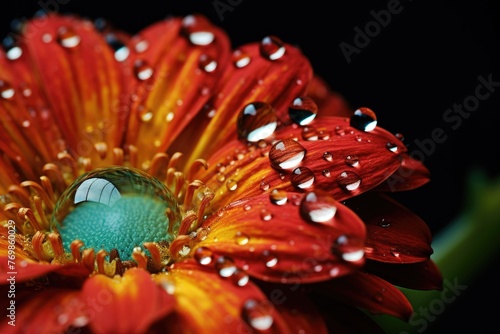Macro shot of beautiful orange gerbera flower with water drops © tnihousestudio