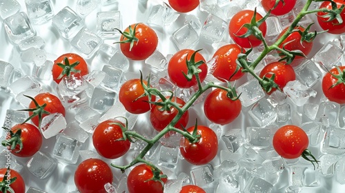 Promotional photo of mini tomatoes laid out on a bed of many ice cubes.