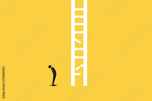 Businessman look at broken ladder. concept of problem or risk, Career path obstacle, financial problem