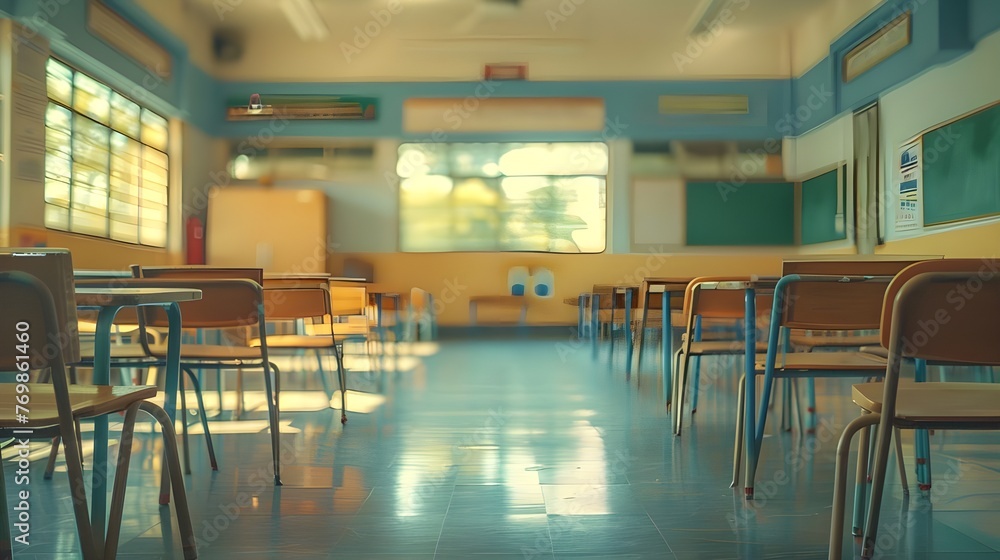 
School classroom in blur background without young student. Blurry view of elementary class room no kid or teacher with chairs and tables in campus. Back to school concept ai Generated 
