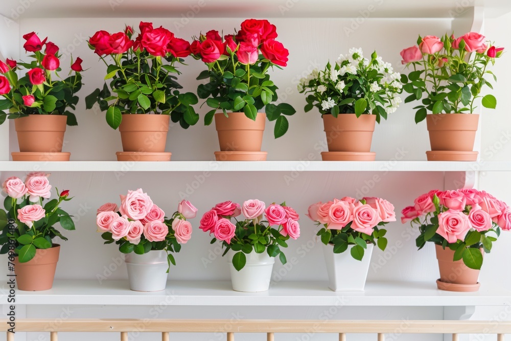 Fototapeta premium arranging potted roses on shelves in a nursery