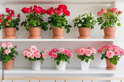 arranging potted roses on shelves in a nursery © primopiano