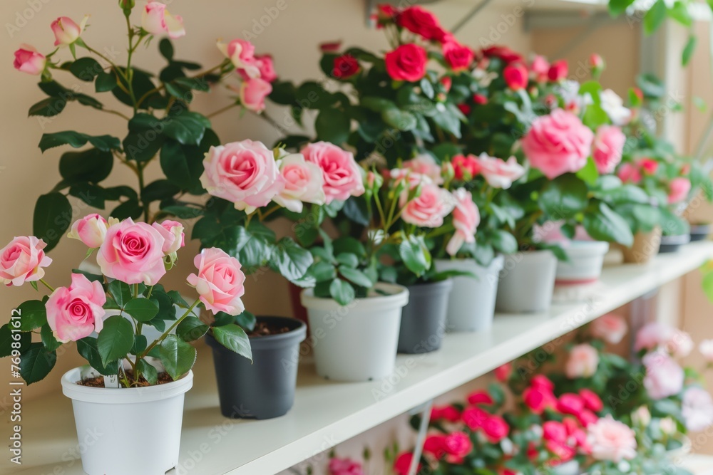 arranging potted roses on shelves in a nursery arranging potted roses on shelves in a nursery