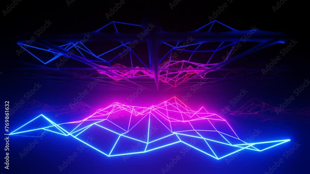 Vj loop mirror room with fly neon frame waving surface. Abstract festive bg with bright reflection. Dark room disco lights. Seamless looped bg. Night club bright neon style bg. Wireframe Vj loop mirror room with fly neon frame waving surface. Abstract festive bg with bright reflection. Dark room disco lights. Seamless looped bg. Night club bright neon style bg. Wireframe