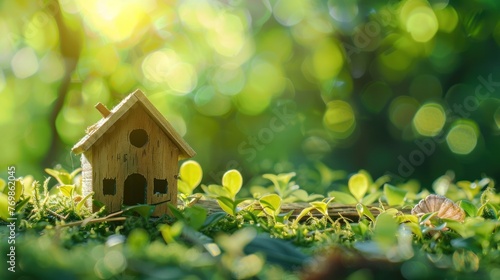 Small wooden house miniature in green grass