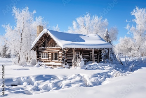 Beautiful winter landscape with old wooden house, trees and blue sky