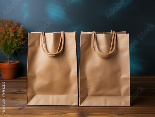 Two brown paper bags with brown handles are on a wooden table