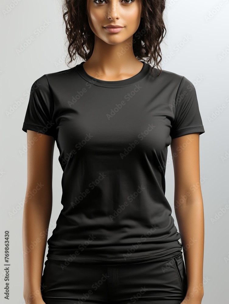 A woman is wearing a black shirt and shorts A woman is wearing a black shirt and shorts