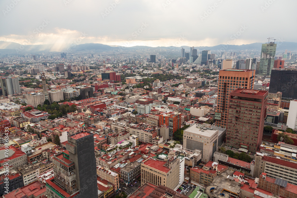 Mexico City, Mexico - 29 November 2022: Aerial view of Mexico City from Torre Latinoamericana at sunset