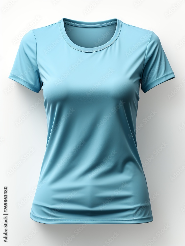 A woman's blue shirt is shown on a white background A woman's blue shirt is shown on a white background