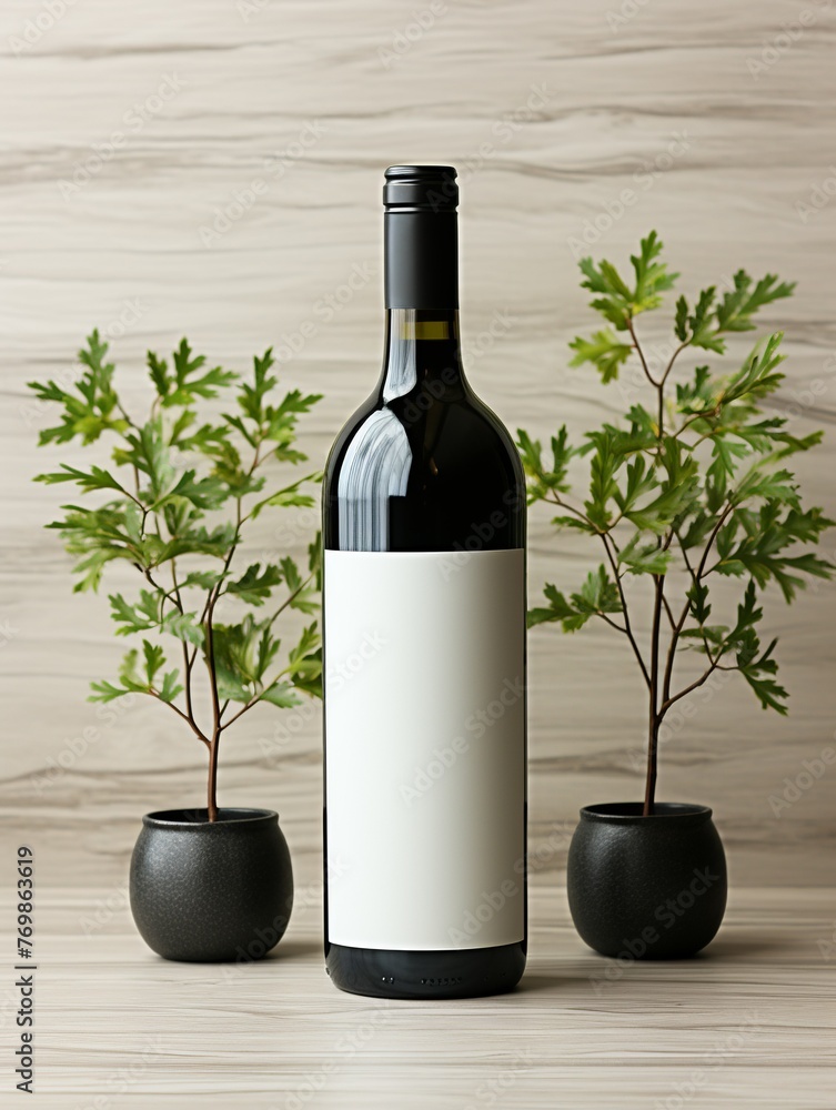 A bottle of wine is on a table next to two potted plants
