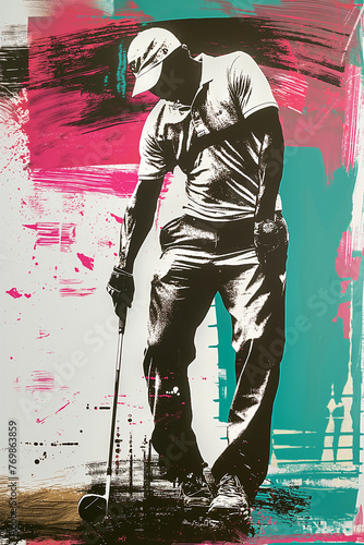 Abstract golf player in action. Stylized artwork of a golfer preparing for a swing against a vibrant abstract background 