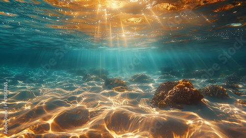 Seabed, sunset light, surface sun rays filtering underwater. Seascape.