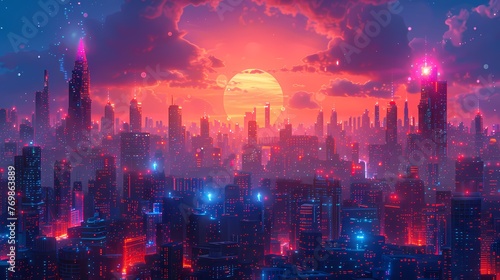 A digital artwork of a cyberpunk city at night. Towering skyscrapers pierce a dark blue sky  illuminated by vibrant neon signs and holographic advertisements. Flying vehicles streak through the air.