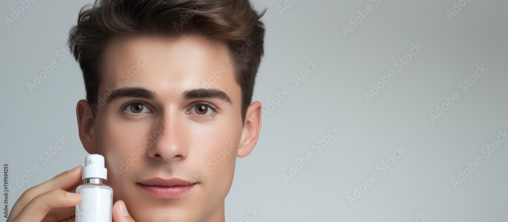 A man is posing for a portrait photography holding a bottle of lotion in front of his face. His cheekbone, jawline, eyelashes, and ear are visible in the gesture A man is posing for a portrait photography holding a bottle of lotion in front of his face. His cheekbone, jawline, eyelashes, and ear are visible in the gesture