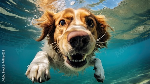 underwater close up wide image of funny dog swimming.
