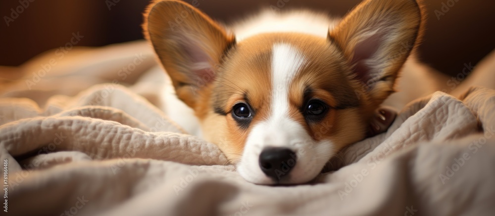 A fawn and white corgi puppy, a dog breed in the Canidae family and Toy dog group, is peacefully laying on a blanket with its cute whiskers and ears on display A fawn and white corgi puppy, a dog breed in the Canidae family and Toy dog group, is peacefully laying on a blanket with its cute whiskers and ears on display