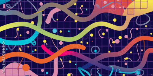 Colorful doodle background with geometric shapes and ribbon. Vector illustration.