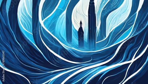 Abstract blue fantasy forest with glowing flowing lines, stylized leaves and mysterious human silhouette