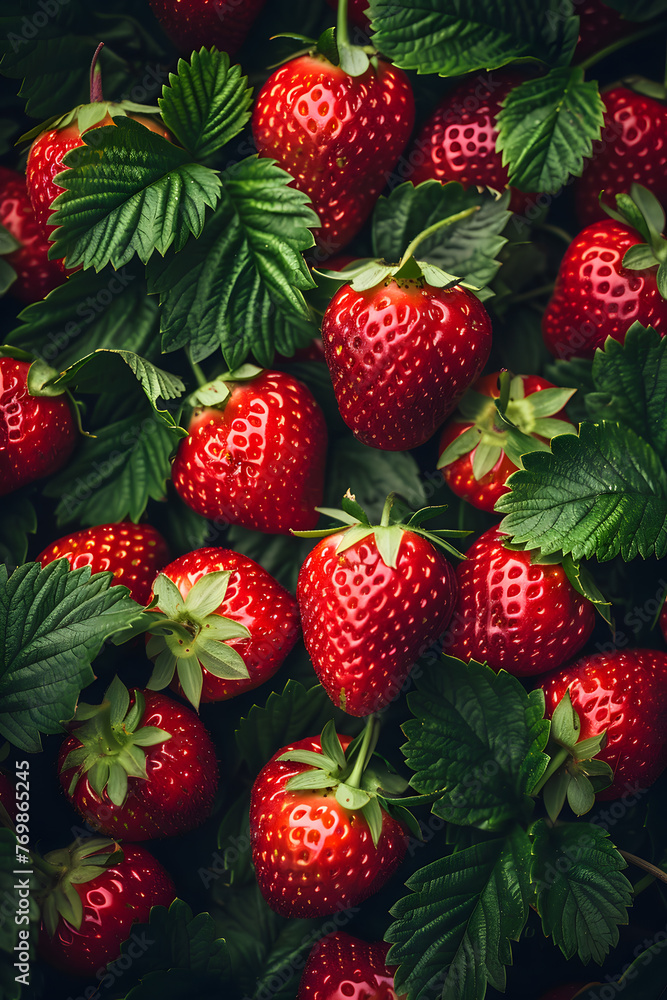 A cluster of ripe strawberries, a seedless fruit, growing on a lush green plant. These berries are a superfood rich in nutrients and a popular staple food A cluster of ripe strawberries, a seedless fruit, growing on a lush green plant. These berries are a superfood rich in nutrients and a popular staple food