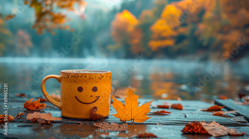 A cup with a smiley face and autumn leaves in the background © senadesign