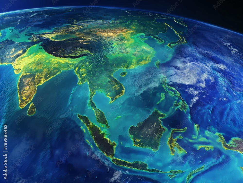 Striking view of Earth highlighting Southeast Asia with a vivid color palette.