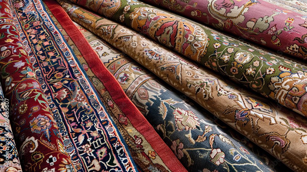 A close-up view showcasing the intricate designs and vibrant colors of stacked traditional Persian carpets A close-up view showcasing the intricate designs and vibrant colors of stacked traditional Persian carpets