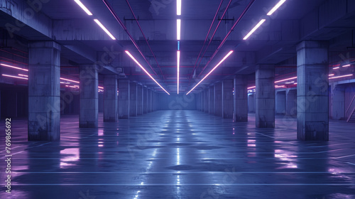 A empty parking garage with neon lights