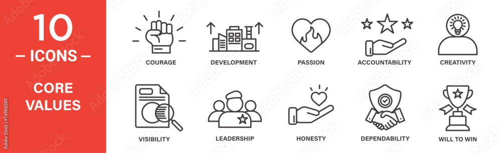 Courage icon set. development, accountability, leadership, honesty, icons. outlined icon collection. Vector illustration.