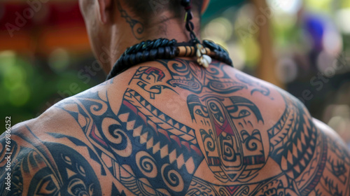 Detailed tribal tattoo covering a man's back and shoulders with Polynesian patterns