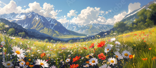 A summer mountain meadow with lots of flowers in the foreground and mountains in the background