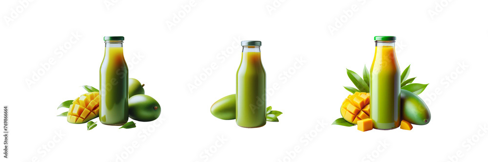 Set of bottles of raw mango fruits juice, illustration, isolated over on transparent white background Set of bottles of raw mango fruits juice, illustration, isolated over on transparent white background