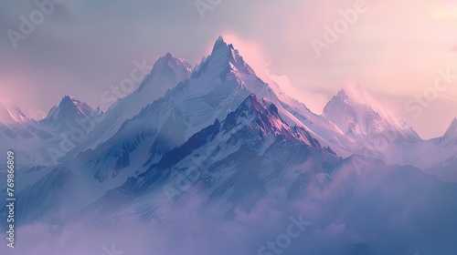 Surreal pink skies embrace majestic snowy peaks in a breathtaking mountain vista.