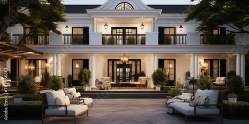 A stunning Colonial house exterior leading to a modern living room sanctuary, with clean lines, minimalist decor, and luxurious furnishings, all skillfully depicted in a captivating 3D visualization.