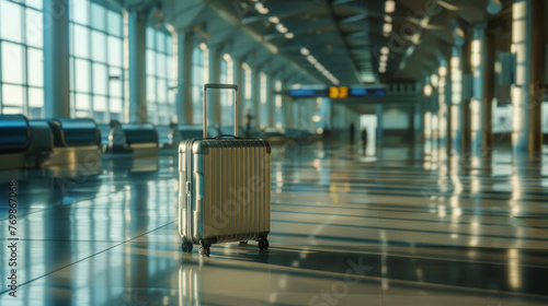 A lone modern travel suitcase is bathed in sunlightin an impeccably clean and empty airport hallway