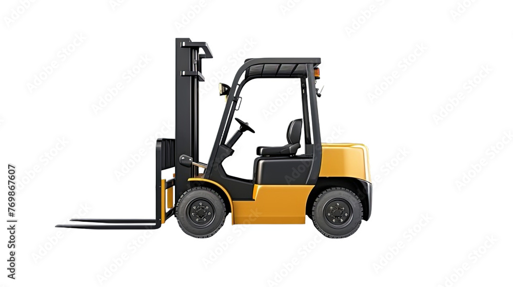 A yellow forklift on white or transparent background. PNG.