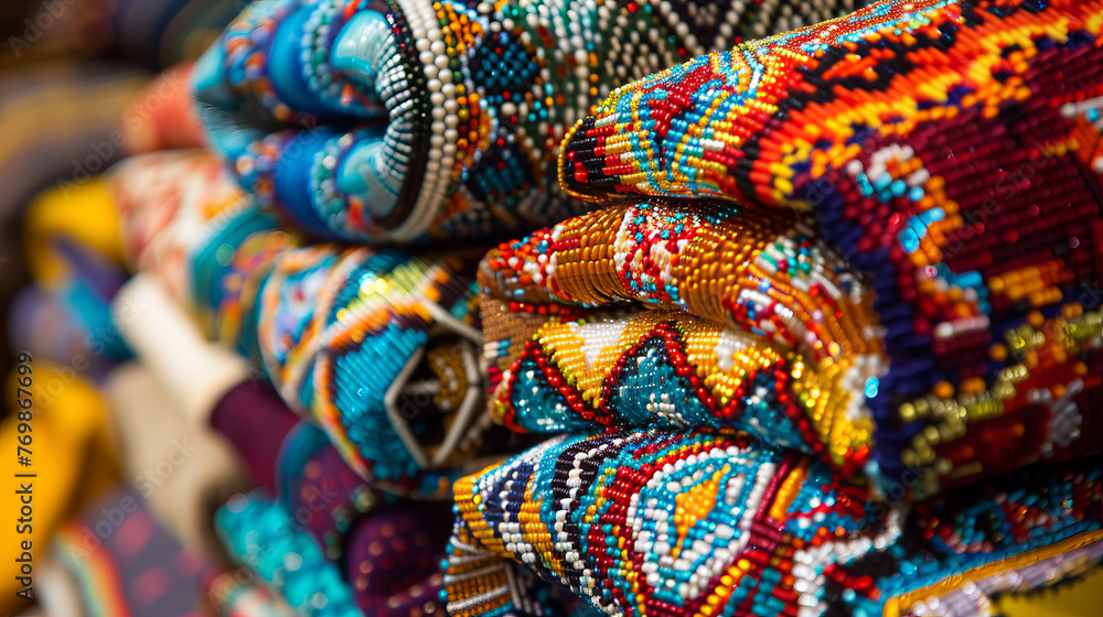 Vibrant image highlighting the detailed beadwork and patterns of handmade bracelets, showcasing traditional craft and artistic expression Vibrant image highlighting the detailed beadwork and patterns of handmade bracelets, showcasing traditional craft and artistic expression