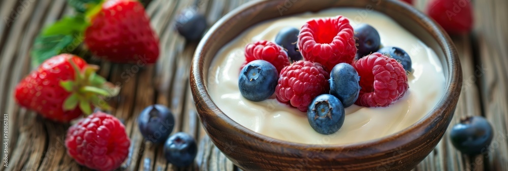 A bowl of Greek yogurt with a mixture of berries (strawberries, blueberries, raspberries) on a wooden table in a rustic style A bowl of Greek yogurt with a mixture of berries (strawberries, blueberries, raspberries) on a wooden table in a rustic style
