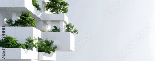 Abstract modernized Living Space, White Building with green Plants, Modern bright exterior, 