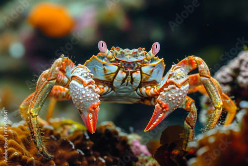 A crab is in a colorful coral reef. The crab is large and has a red and white shell. The coral reef is full of life and color, making it a beautiful and vibrant scene