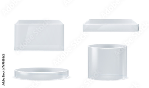 3D cylinder and cube glass platforms set isolated on white background. Vector realistic illustration of transparent plastic round and square podiums, product presentation stand, pedestal mockups